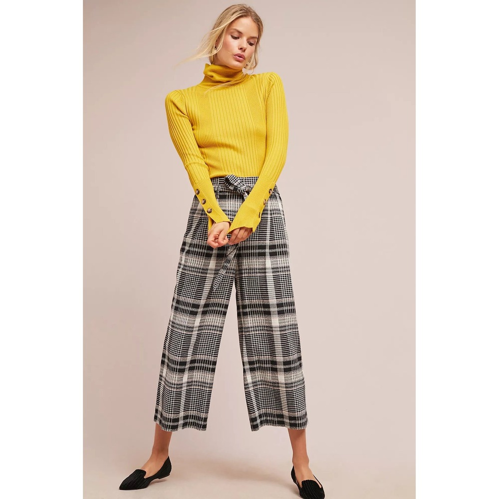 Anthropologie Plaid Paperbag Waist Wide Leg Crop Pants Black Pink 4
